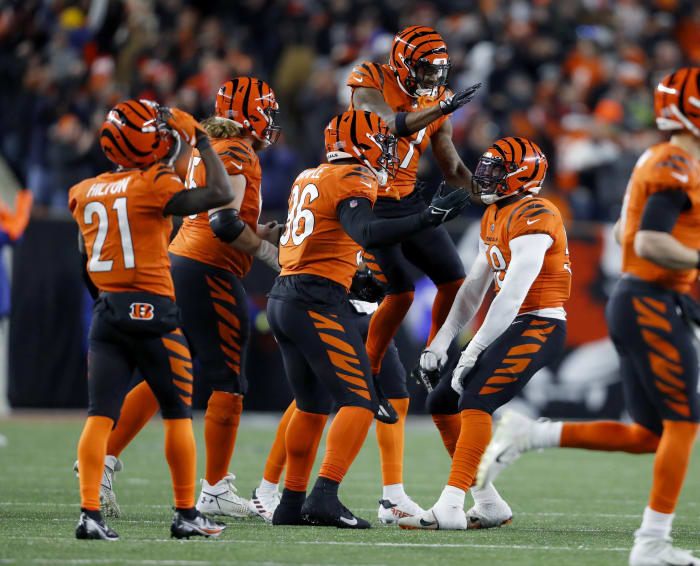 Dec 4, 2022; Cincinnati, Ohio, USA; Cincinnati Bengals defensive end Joseph Ossai (58) celebrates a missed field goal during the fourth quarter against the Kansas City Chiefs at Paycor Stadium. Mandatory Credit: Joseph Maiorana-USA TODAY Sports